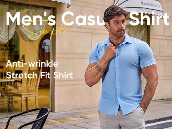 ⚡Hot Sales 49% OFF🔥Mens Muscle Fit Dress Shirts Casual Button Down Shirt Short Sleeve Wrinkle-Free Shirts