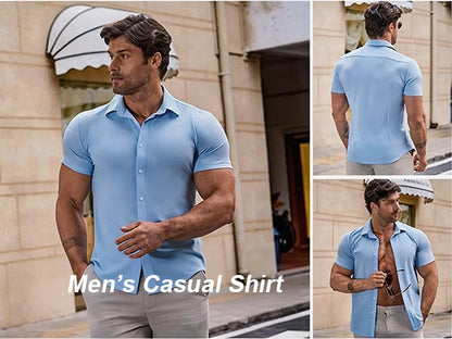 ⚡Hot Sales 49% OFF🔥Mens Muscle Fit Dress Shirts Casual Button Down Shirt Short Sleeve Wrinkle-Free Shirts