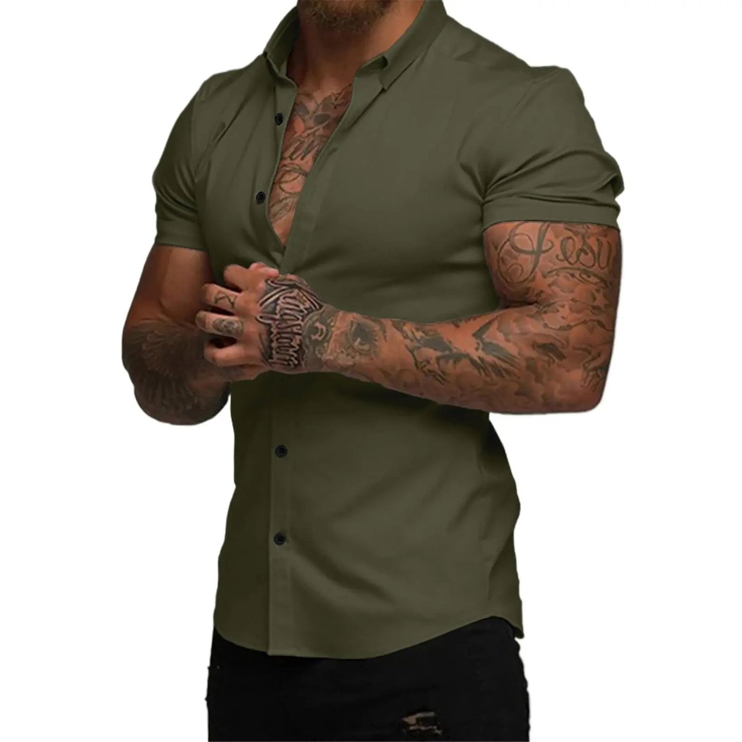⚡Hot Sales 49% OFF🔥Mens Muscle Fit Dress Shirts Casual Button Down Shirt Short Sleeve Wrinkle-Free Shirts
